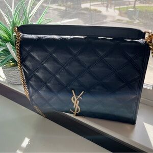 Saint Laurent Quilted Leather Shoulder Bag in Navy with Gold YSL Logo